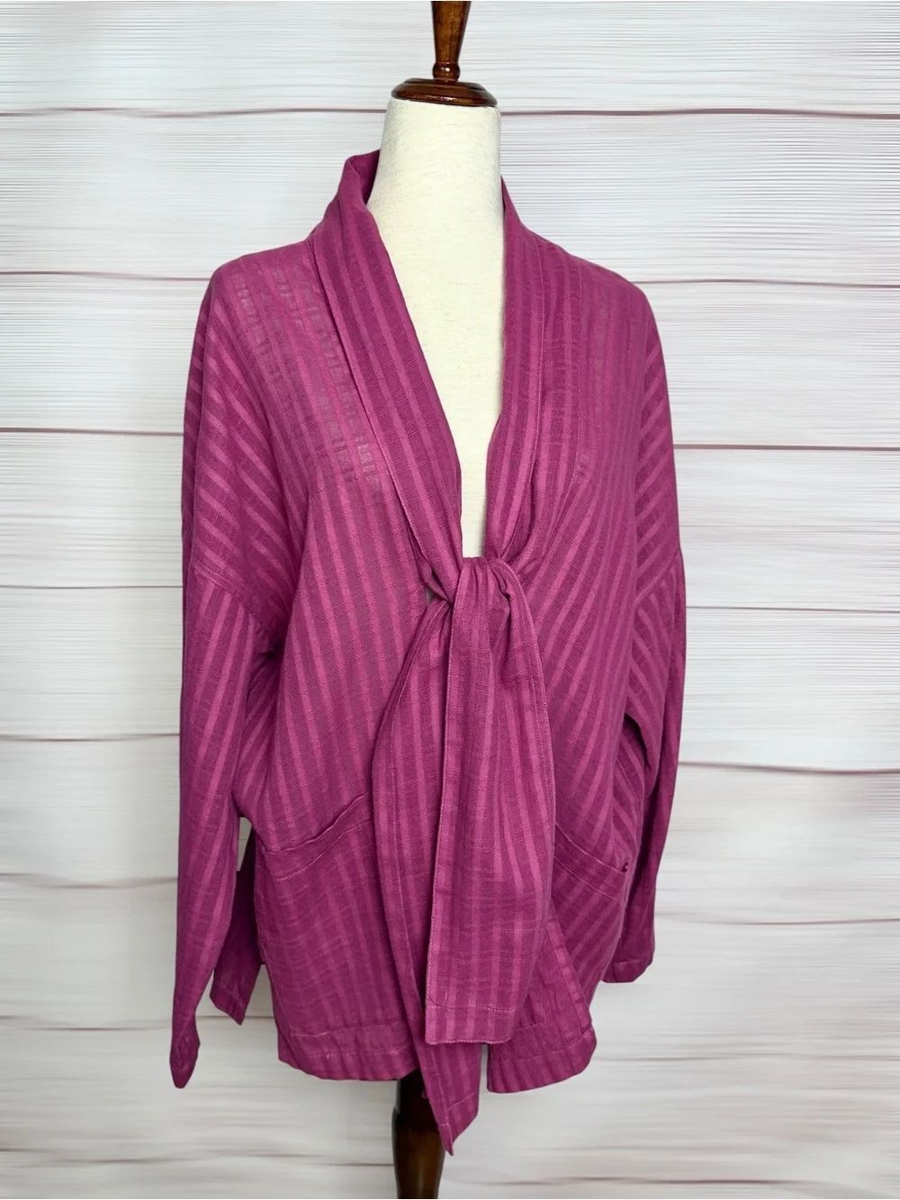 Yasuko Kurisaka Cotton Haori Jacket Magenta Woven Stripe Open Front Pockets OS